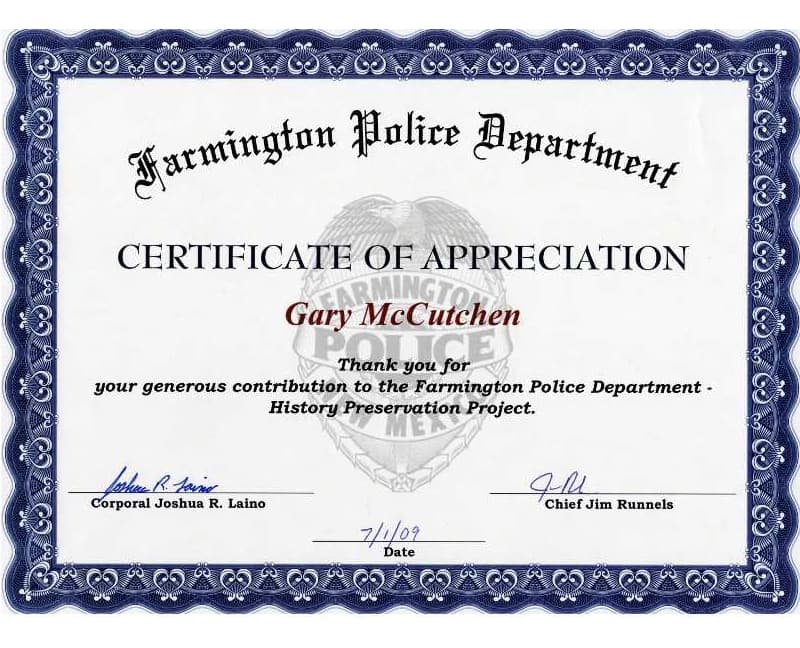 Farmington Police Department Certificate of Appreciation